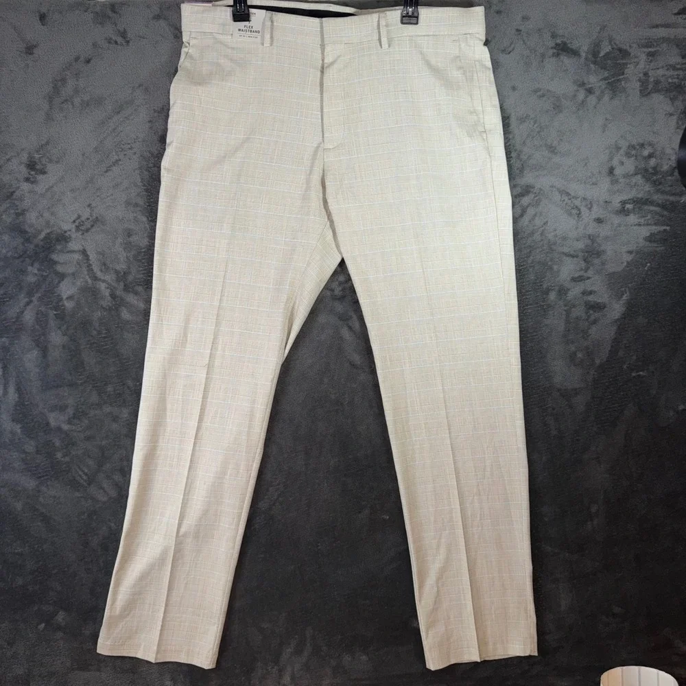 NWT Mens 38x32 Kenneth Cole Reaction Dress Pants Oatmeal Stretch Slim Fit Plaid